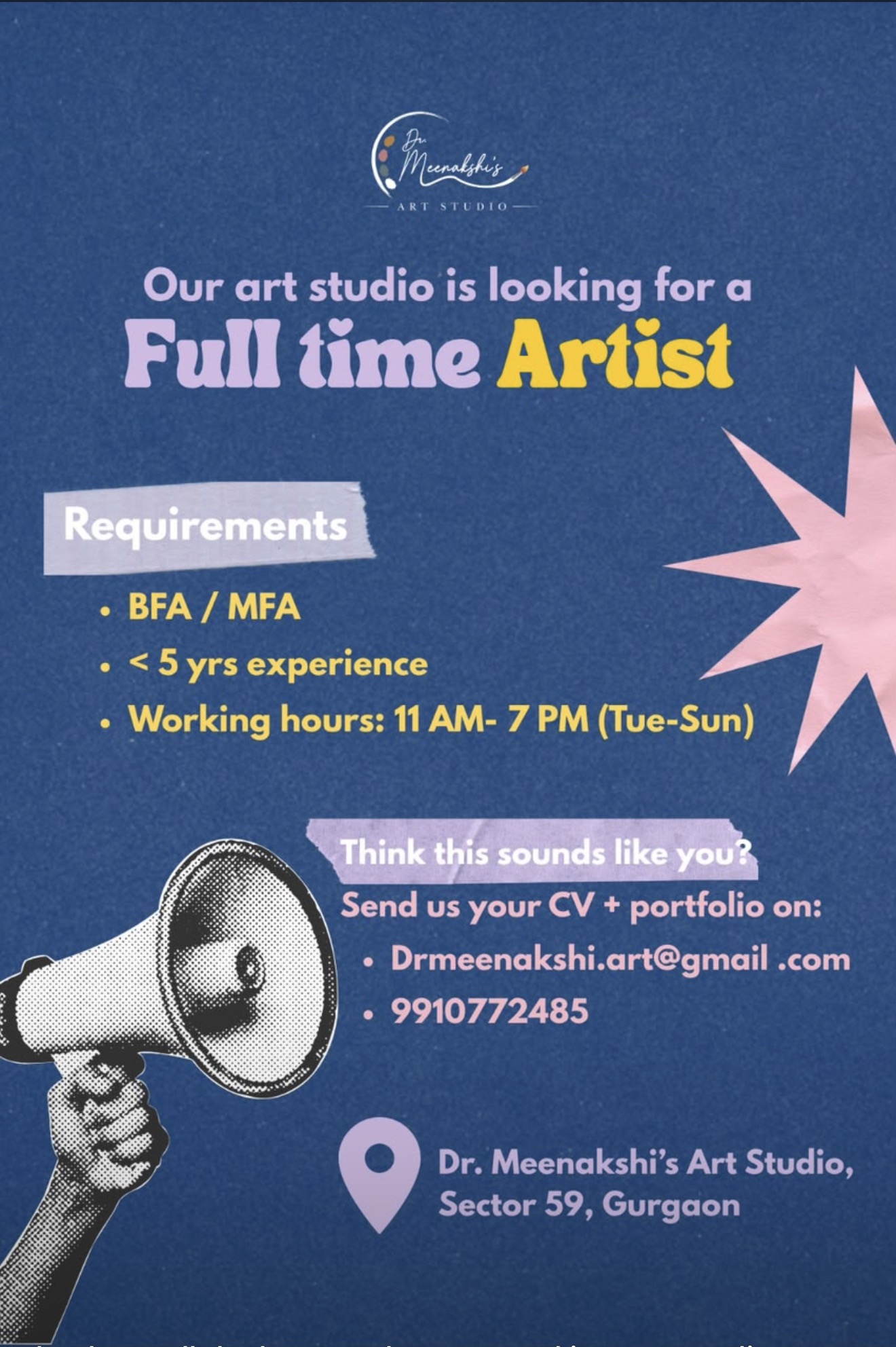 Full-time artist vacancy at Dr. Meenakshi's Art Studio